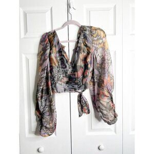 Hutch Butterfly Print Long Sleeve Open Back Crop Top Women's Size Large L